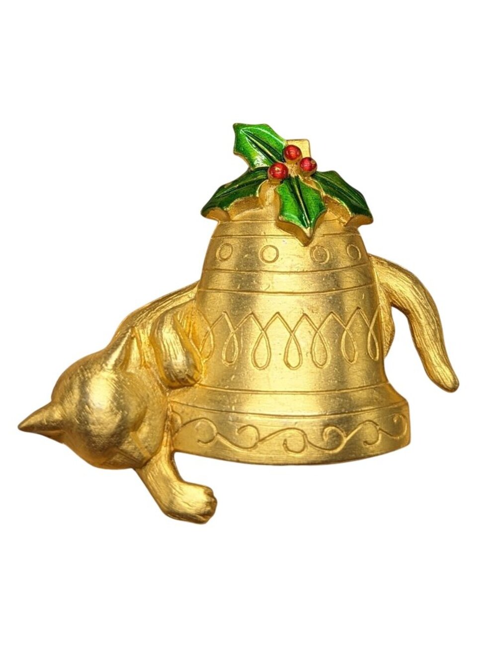 Vtg JJ Signed Gold-Tone Cat & Bell Brooch With Holly Accents Holiday Pin 1.75"